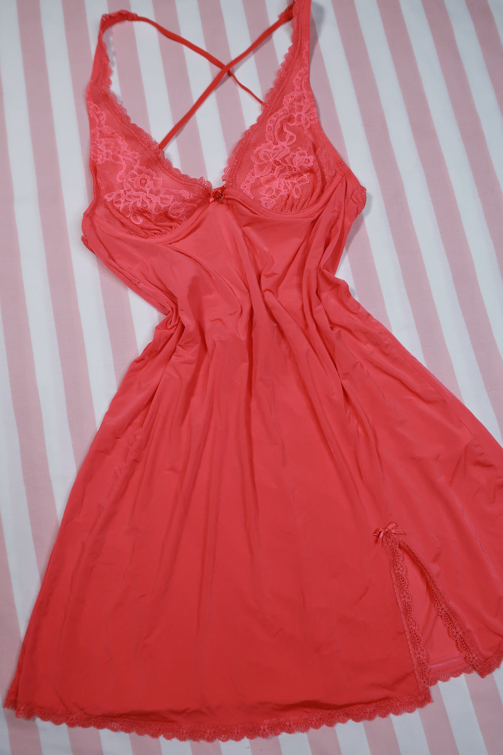 Vintage 2000s Victoria’s Secret coral lace halter slip dress by Elektra Vintage, featuring delicate lace and a flattering halter neckline