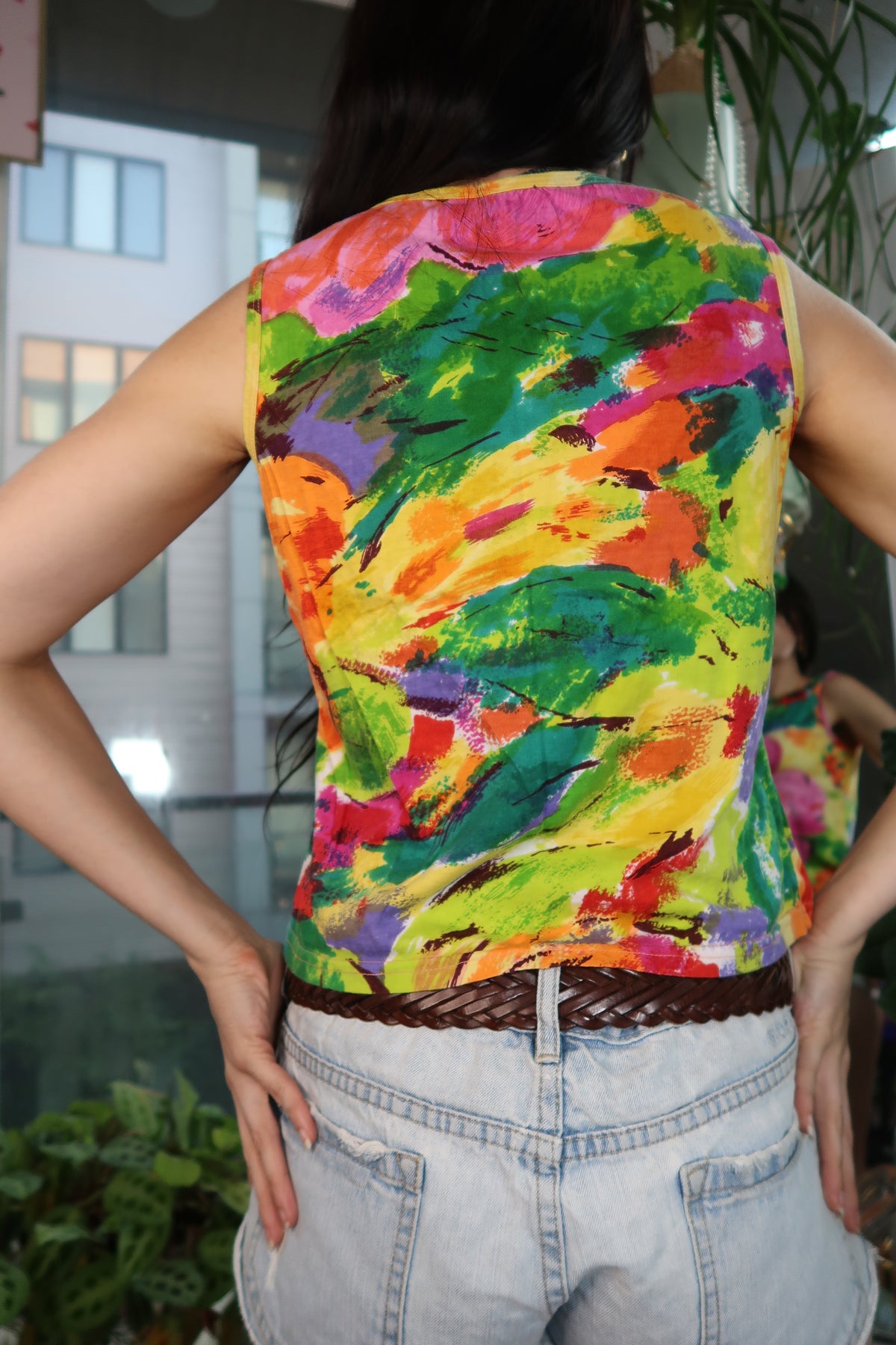 Vintage Painted Sequin Floral Tank Top – Y2K Abstract Art Print Sleeveless Shirt - Elektra Vintage