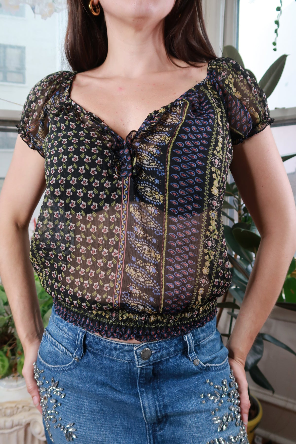 Vintage Y2K Mixed Print Sheer Peasant Crop Top