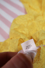 Load image into Gallery viewer, Elektra Vintage yellow lace off-shoulder dress displayed on a mannequin with delicate lace detailing and flowing silhouette.
