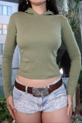 Vintage Delia’s Olive Green Cropped Hoodie – Y2K Fitted Long Sleeve Top - Elektra Vintage