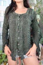 Load image into Gallery viewer, Vintage 2000s Olive Green Blouse – Boho Fairycore Button Down Top
