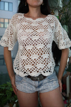 Load image into Gallery viewer, Vintage White Crochet Open Knit Top – Sheer Short Sleeve Boho Festival Shirt
