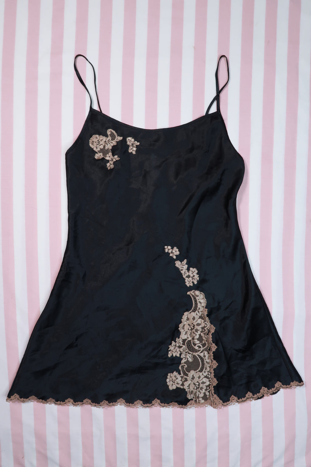 Vintage 2000s Victoria’s Secret black satin lace slip dress by Elektra Vintage, featuring delicate lace details and a sleek satin finish.