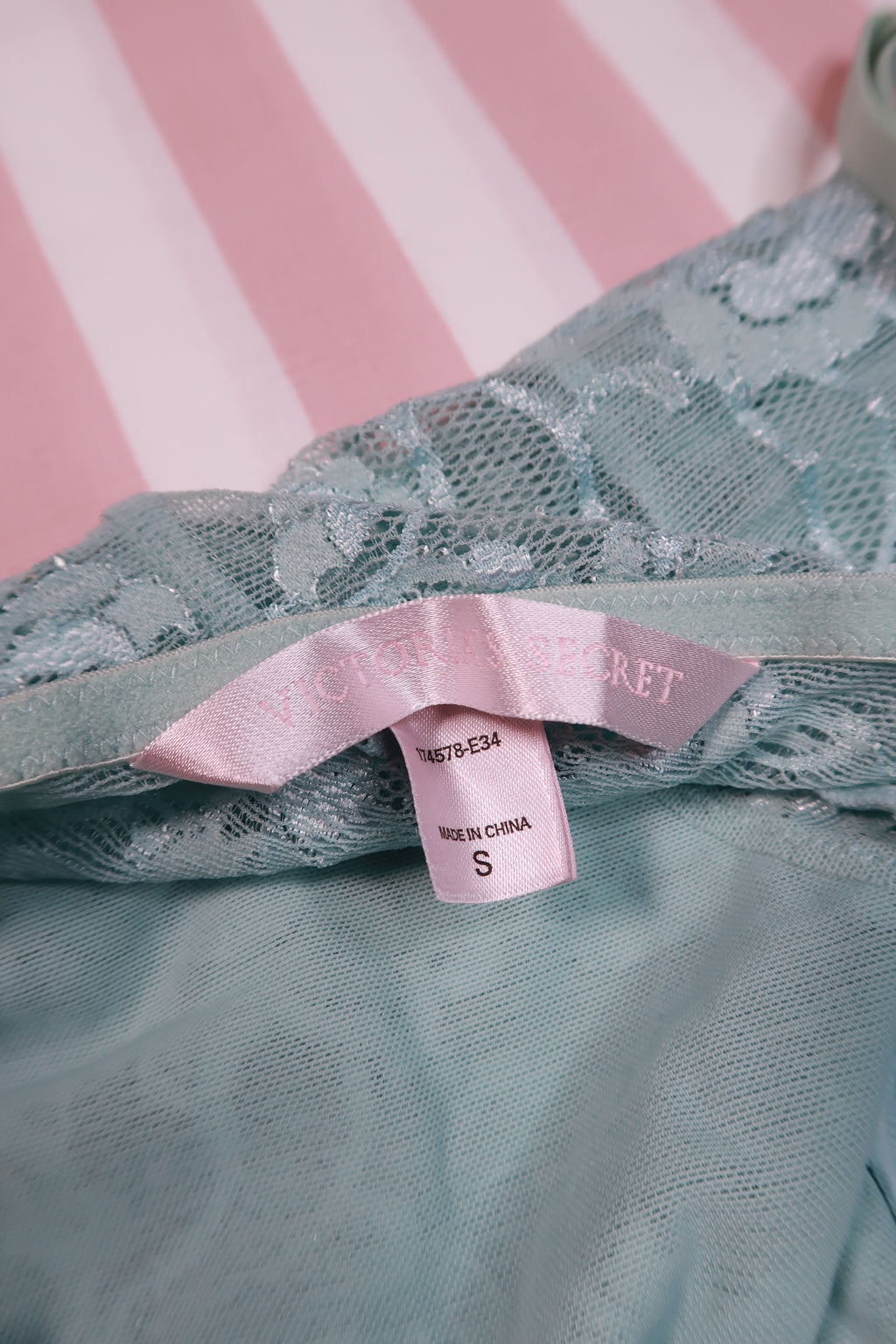 Vintage 2000s Victoria’s Secret mint blue lace corset slip dress by Elektra Vintage displayed on a hanger.