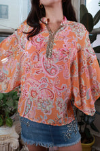 Load image into Gallery viewer, Elektra Vintage women's peasant blouse with orange paisley print and sequin trim, vintage Y2K style, long sleeve top.
