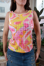 Load image into Gallery viewer, Vintage Y2K Psychedelic Sequin Disc Tank Top Pink Orange Yellow
