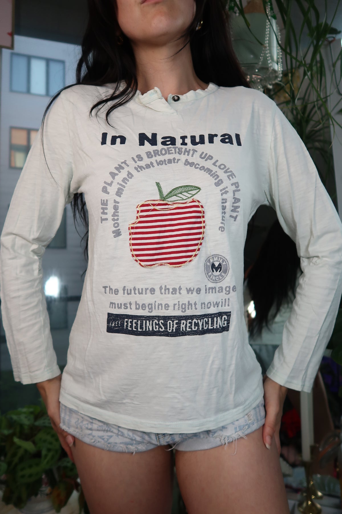 Vintage Y2K Eco Graphic Long Sleeve Tee – Striped Apple Print