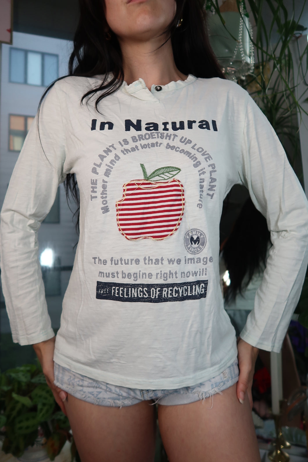 Vintage Y2K Eco Graphic Long Sleeve Tee – Striped Apple Print
