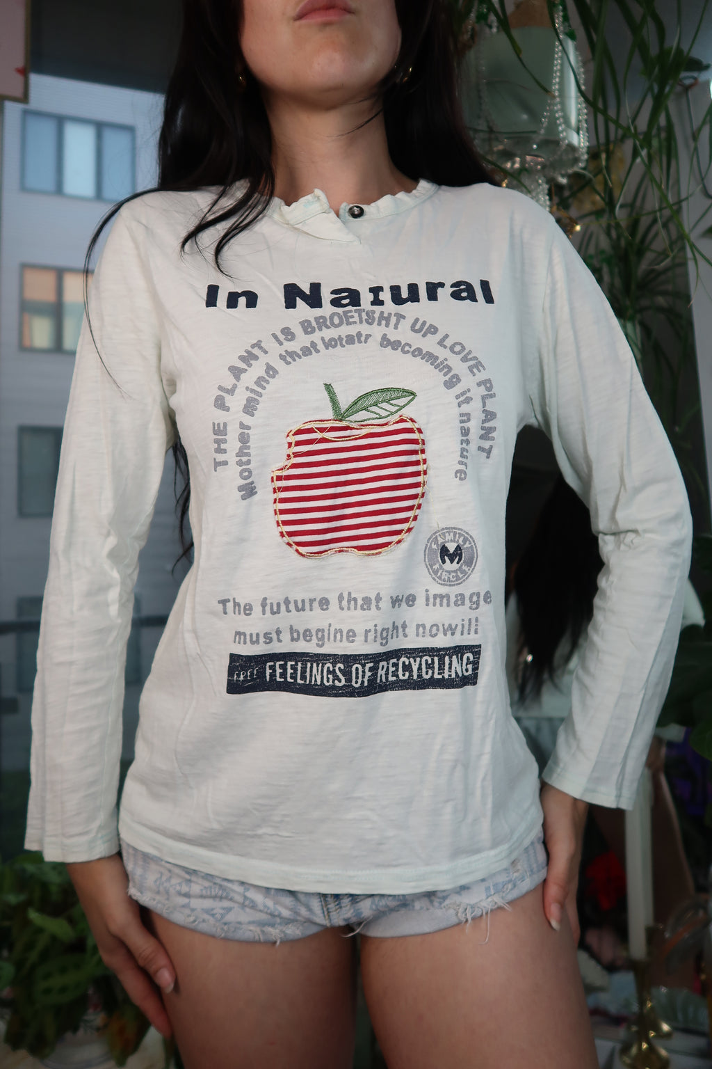 Vintage Y2K Eco Graphic Long Sleeve Tee – Striped Apple Print
