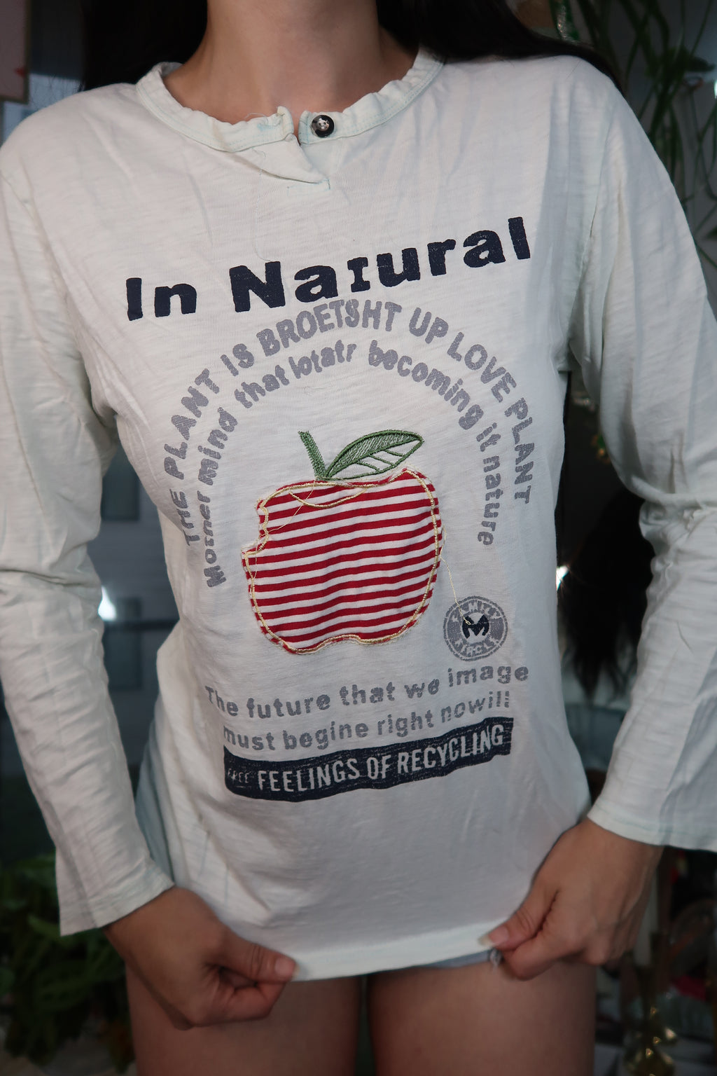 Vintage Y2K Eco Graphic Long Sleeve Tee – Striped Apple Print