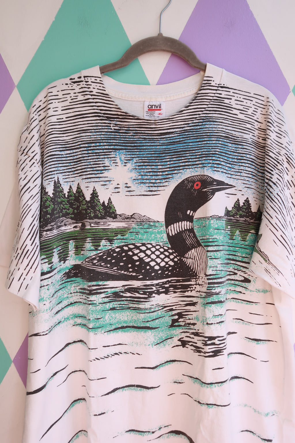 Men's vintage Elektra Vintage wildlife T-shirt featuring a loon nature graphic on an all-over design.