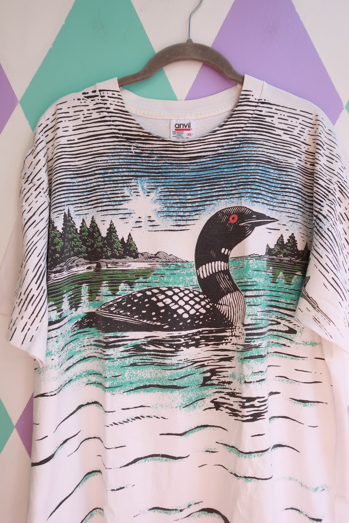 Men's vintage Elektra Vintage wildlife T-shirt featuring a loon nature graphic on an all-over design.