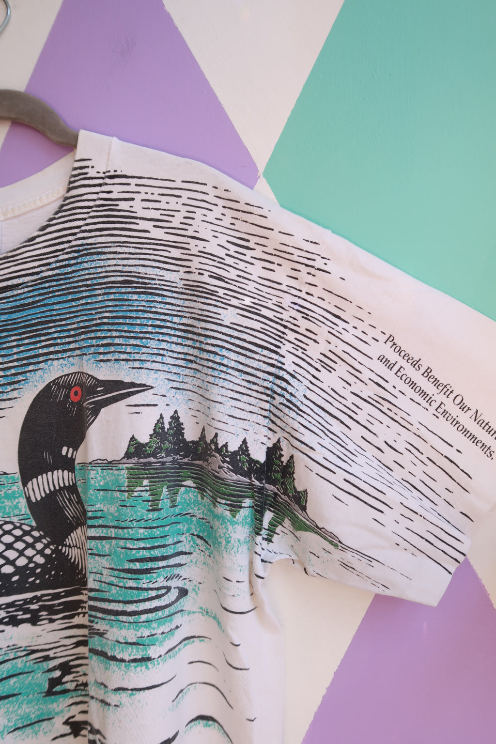 Elektra Vintage men's T-shirt featuring a vintage all-over loon wildlife graphic on a casual nature-themed top.