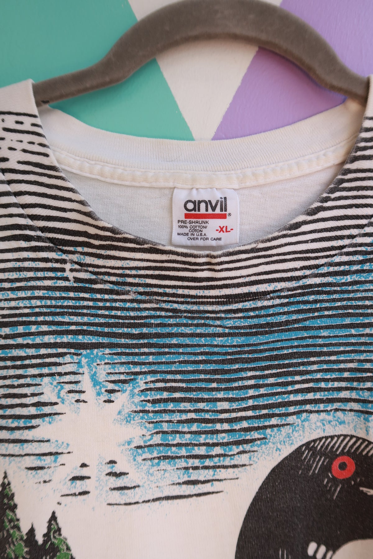Men's vintage Elektra Vintage wildlife graphic T-shirt featuring a loon and nature design, casual all-over print.