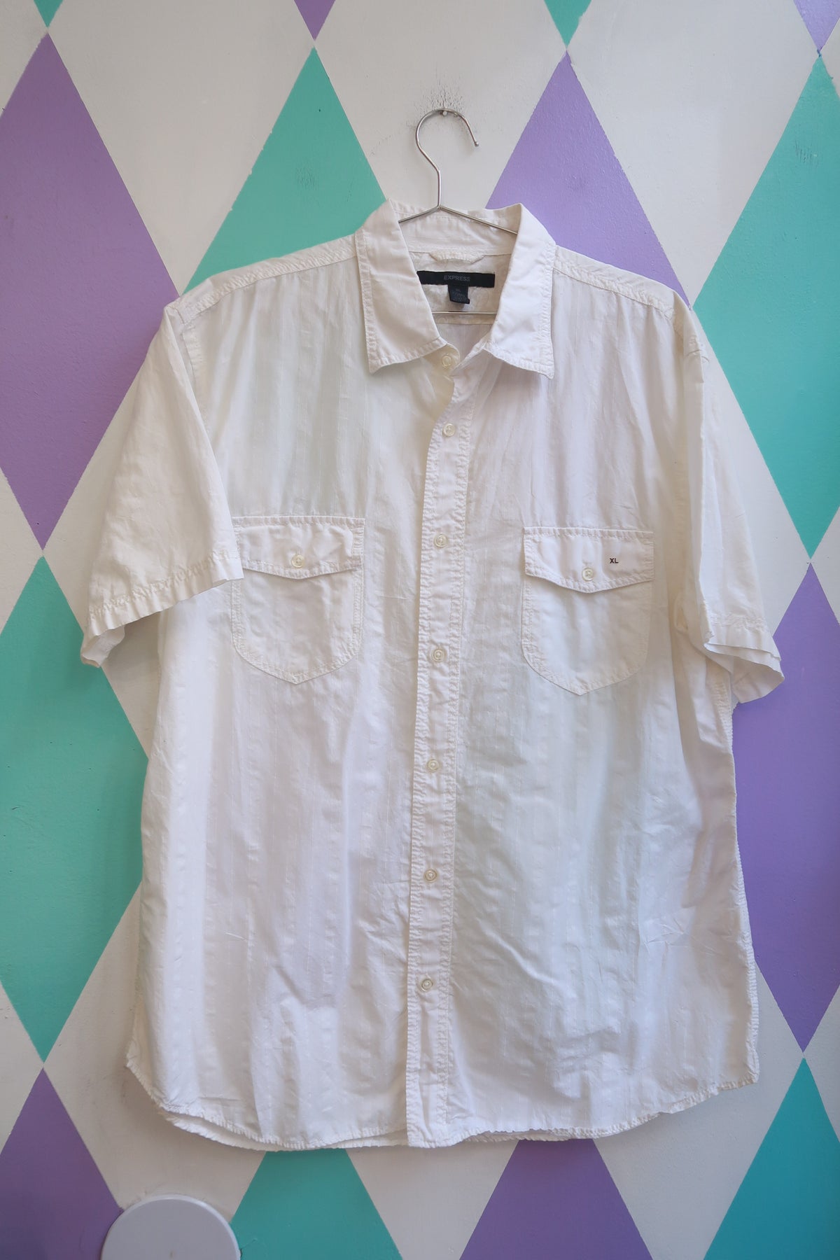 Men's vintage 2000s Express white linen blend camp shirt with button-up front, casual men's top by Elektra Vintage.