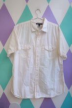 Load image into Gallery viewer, Men's vintage 2000s Express white linen blend camp shirt with button-up front, casual men's top by Elektra Vintage.
