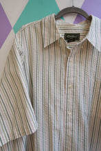 Load image into Gallery viewer, Men's vintage 90s Eddie Bauer green stripe cotton seersucker button-up shirt, casual men's top by Elektra Vintage.
