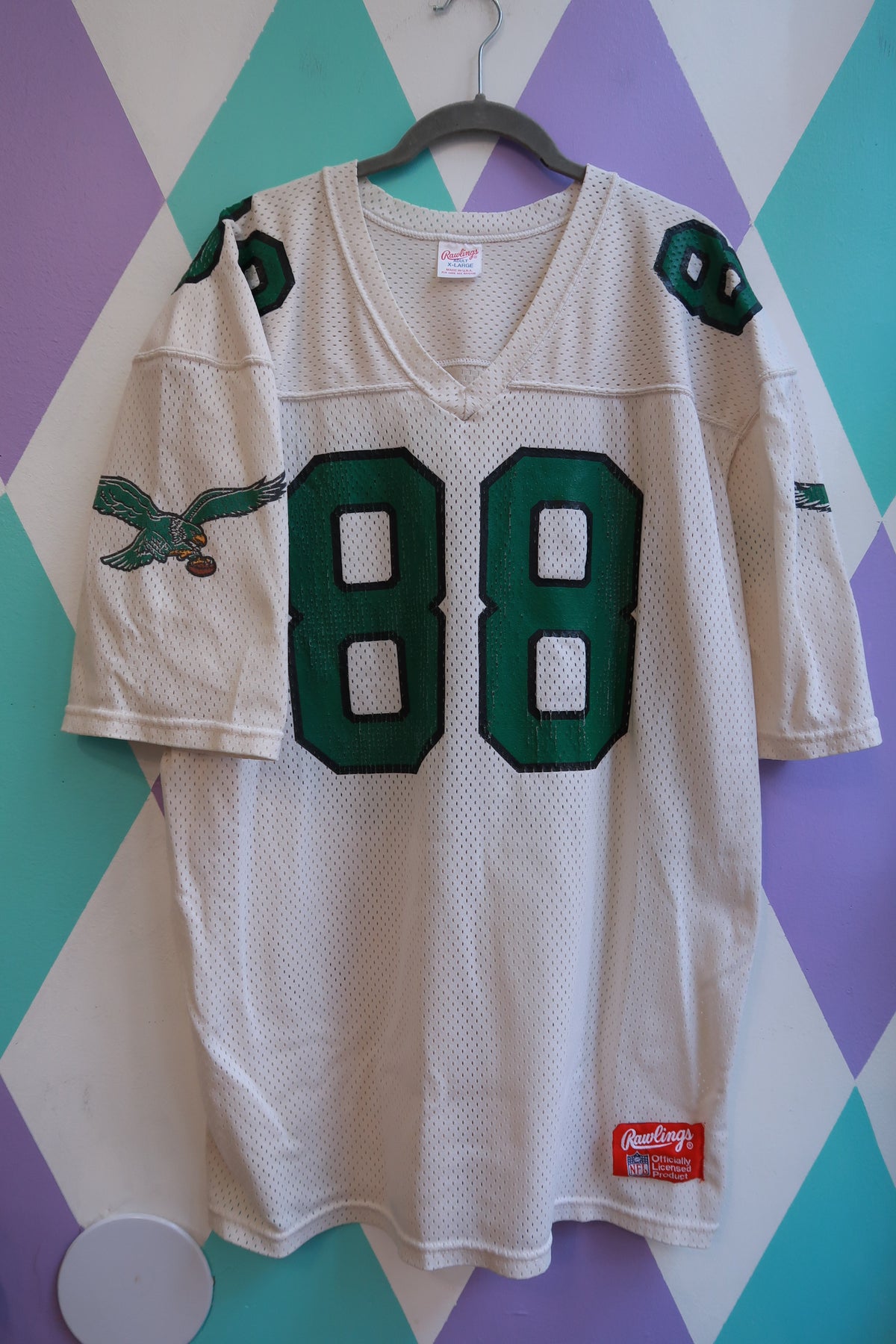 Vintage 90s Philadelphia Eagles #88 Rawlings NFL mesh football jersey for men by Elektra Vintage, featuring team logo and mesh fabric.