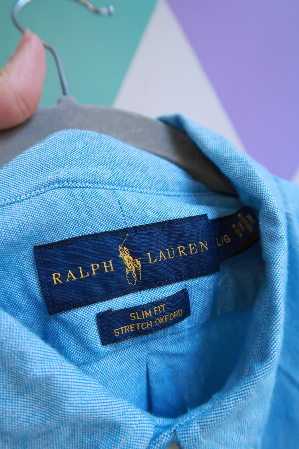 Elektra Vintage men's sky blue 90s Polo Ralph Lauren button-down oxford shirt, classic casual men's top with collar and long sleeves.