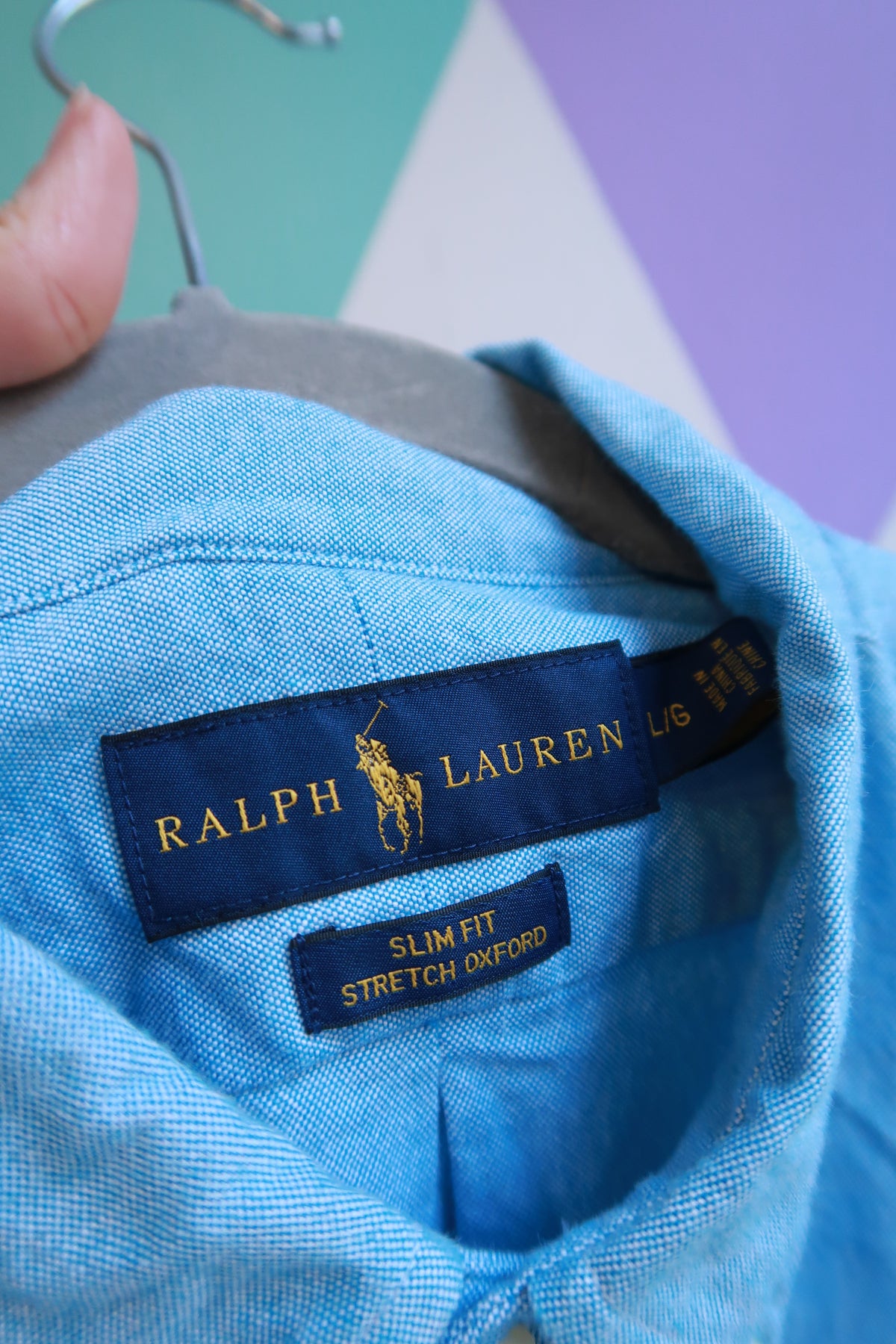 Elektra Vintage men's sky blue 90s Polo Ralph Lauren button-down oxford shirt, classic casual men's top with collar and long sleeves.