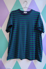 Load image into Gallery viewer, Men's vintage 90s J.Crew green and navy striped cotton T-shirt by Elektra Vintage, featuring classic casual style.
