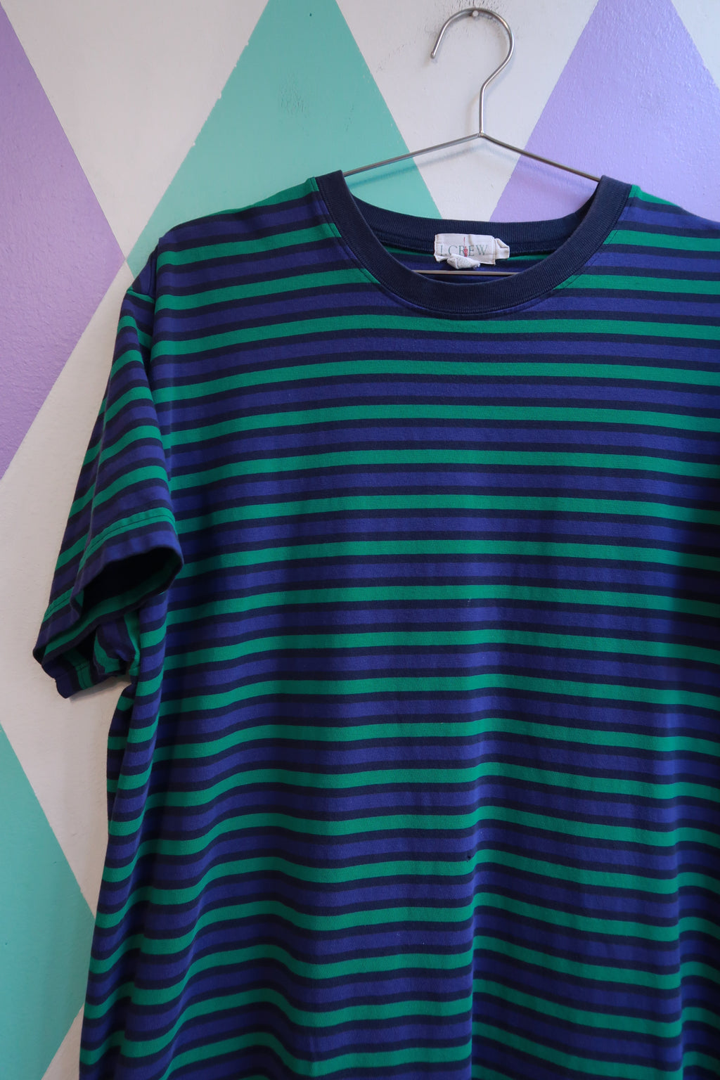 Men's vintage J.Crew striped cotton T-shirt in green and navy, size and fit details visible, from Elektra Vintage.