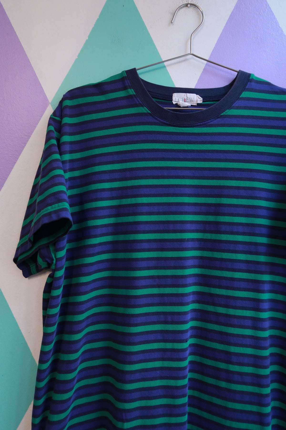 Men's vintage J.Crew striped cotton T-shirt in green and navy, size and fit details visible, from Elektra Vintage.
