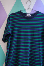 Load image into Gallery viewer, Men's vintage J.Crew striped cotton T-shirt in green and navy, size and fit details visible, from Elektra Vintage.
