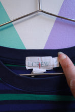 Load image into Gallery viewer, Vintage 90s J.Crew men's green and navy striped cotton T-shirt, styled with a classic fit and casual design.
