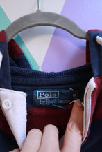 Load image into Gallery viewer, Men's vintage Polo Ralph Lauren striped rugby hoodie sweatshirt from the 2000s, featuring classic athletic style and bold color stripes.
