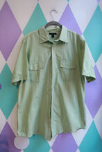 Load image into Gallery viewer, Men's vintage sage green short sleeve button-up shirt by Elektra Vintage, 2000s Express men's top with classic collar and button closure.
