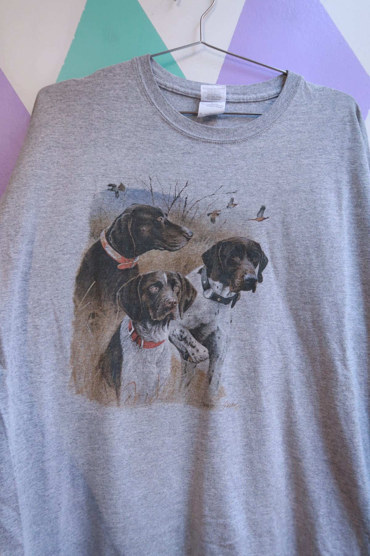 Men's Vintage 2000s German Shorthaired Pointer hunting dog graphic T-shirt by Elektra Vintage, featuring a detailed dog illustration.