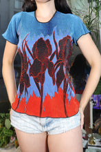Load image into Gallery viewer, Vintage 1970s Iris Flower Crepe Top – Bold Floral Print Short Sleeve Blouse
