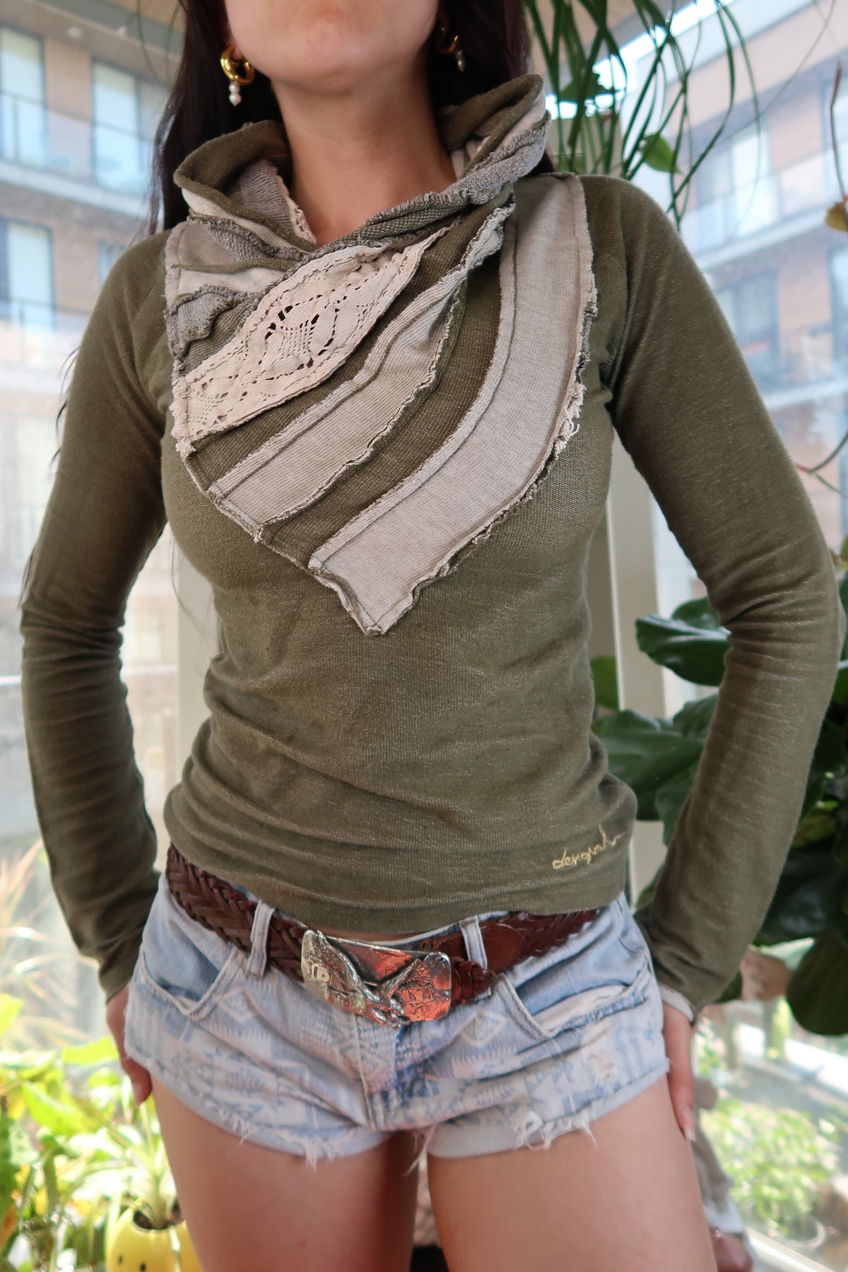 Olive green Desigual women's cowl neck sweatshirt with lace patchwork detail, stylish top from Elektra Vintage.