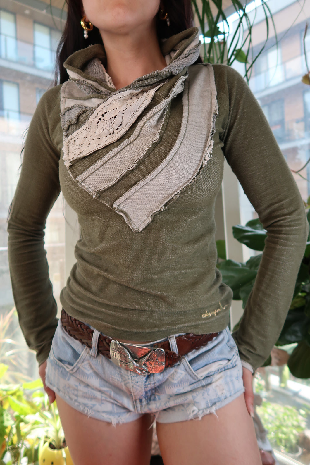 Desigual Olive Green Cowl Neck Sweatshirt – Lace Patchwork Detail