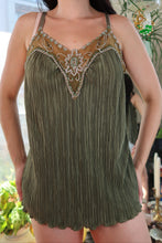 Load image into Gallery viewer, Vintage Y2K Fashion Bug Olive Green Pleated Beaded Camisole Top with Sheer Mesh Neckline

