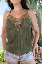 Load image into Gallery viewer, Vintage Y2K Fashion Bug Olive Green Pleated Beaded Camisole Top with Sheer Mesh Neckline
