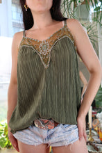 Load image into Gallery viewer, Vintage Y2K Fashion Bug Olive Green Pleated Beaded Camisole Top with Sheer Mesh Neckline
