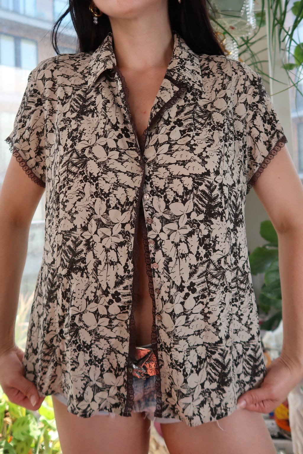 Y2K Vintage Silk Button-Up Shirt with Lace Trim
