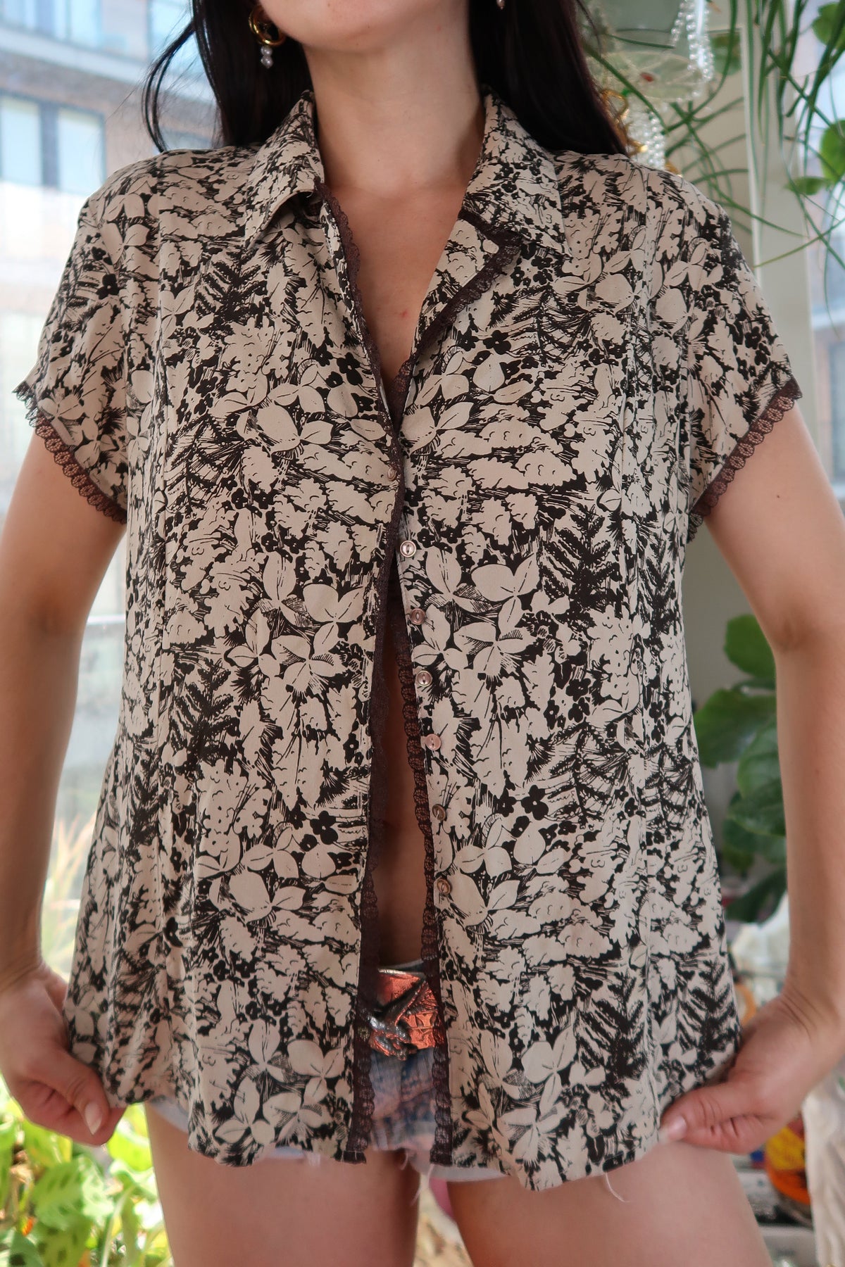 Y2K Vintage Silk Button-Up Shirt with Lace Trim