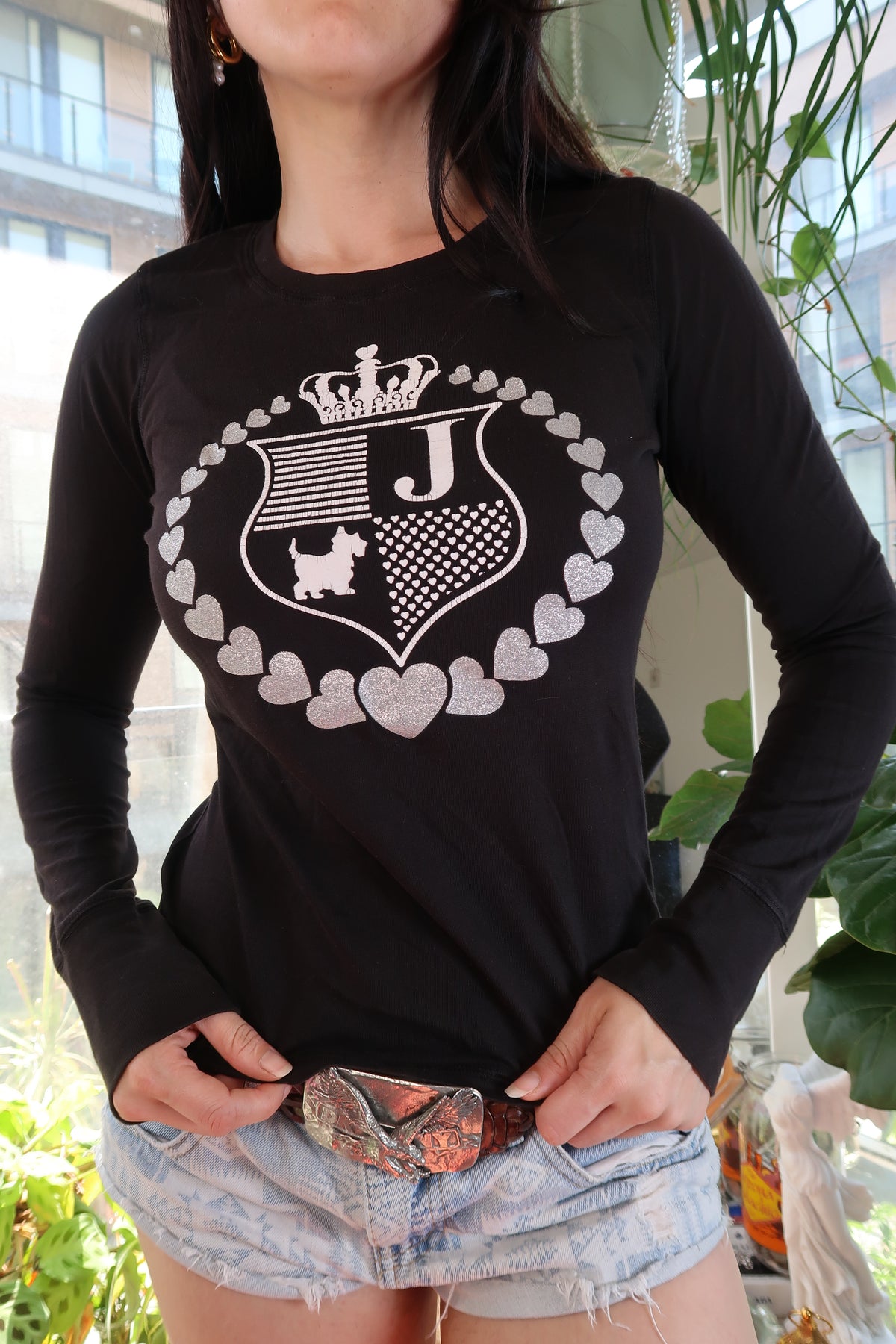 Vintage Juicy Couture Black Glitter Crest Long Sleeve Tee