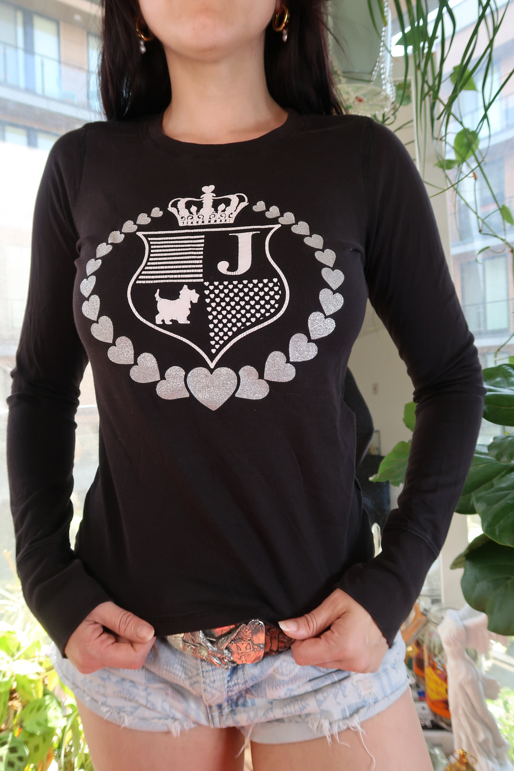 Vintage Juicy Couture Black Glitter Crest Long Sleeve Tee