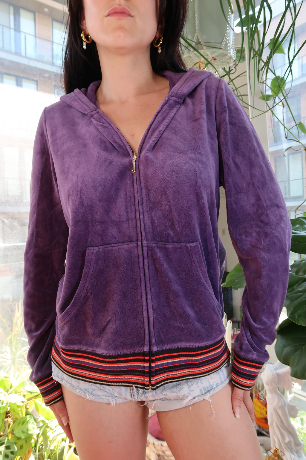 Vintage 2010s Juicy Couture Black Label Purple Floral Embroidered Velour Hoodie
