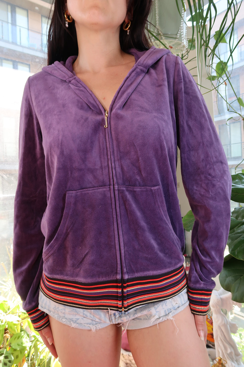 Vintage 2010s Juicy Couture Black Label Purple Floral Embroidered Velour Hoodie