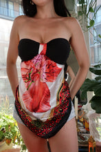 Load image into Gallery viewer, Y2K Scarf Print Strapless Top – Red Floral &amp; Leopard Border
