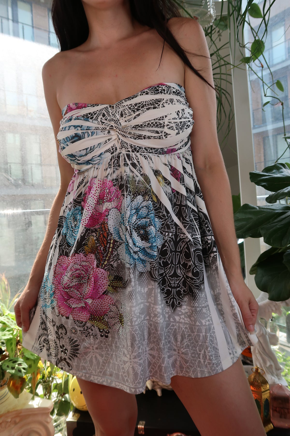 Vintage 2000s Elektra Vintage strapless floral rhinestone mini dress, showing detailed floral print and sparkling embellishments.