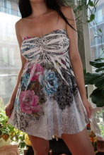 Load image into Gallery viewer, Vintage 2000s Elektra Vintage strapless floral rhinestone mini dress, showing detailed floral print and sparkling embellishments.
