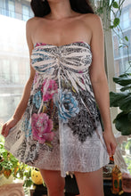 Load image into Gallery viewer, Vintage 2000s Elektra Floral Rhinestone Strapless Mini Dress with sweetheart neckline and fitted silhouette.

