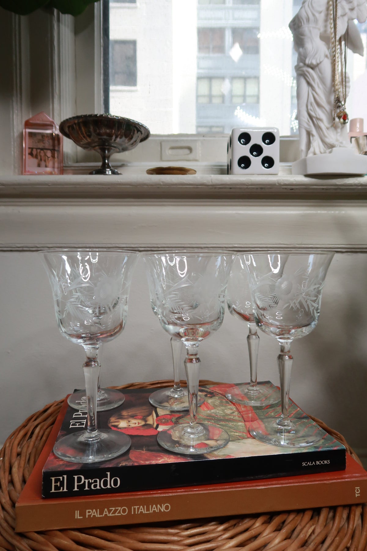 Vintage Etched Floral Stemmed Cocktail Glasses Set of 6